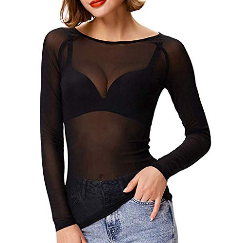 Lazzboy Tops Solide Durchsichtige Damen Langarm Nahtlose Armformer Top Mesh Shirt Bluse Leichtes Transparent Tüll Body T-Shirt Tunika Multicolor(Schwarz,L) von Lazzboy