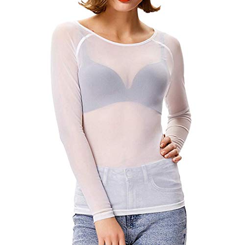 Lazzboy Tops Solide Durchsichtige Damen Langarm Nahtlose Armformer Top Mesh Shirt Bluse Leichtes Transparent Tüll Body T-Shirt Tunika Multicolor(Weiß,2XL) von Lazzboy