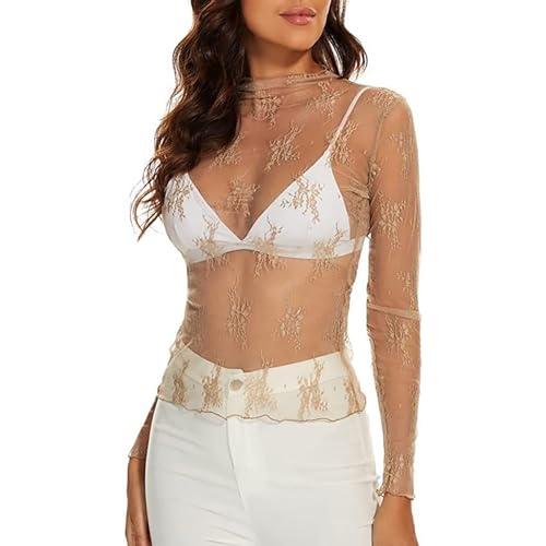 Lazzboy Tops Solide Durchsichtige Damen Langarm Nahtlose Armformer Top Mesh Shirt Bluse Leichtes Transparent Tüll Body T-Shirt Tunika Multicolor (X-Mesh-Beige,L) von Lazzboy