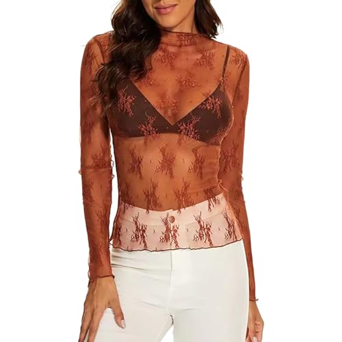 Lazzboy Tops Solide Durchsichtige Damen Langarm Nahtlose Armformer Top Mesh Shirt Bluse Leichtes Transparent Tüll Body T-Shirt Tunika Multicolor (X-Mesh-Braun,M) von Lazzboy