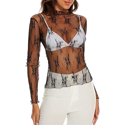 Lazzboy Tops Solide Durchsichtige Damen Langarm Nahtlose Armformer Top Mesh Shirt Bluse Leichtes Transparent Tüll Body T-Shirt Tunika Multicolor (X-Mesh-Schwarz,S) von Lazzboy