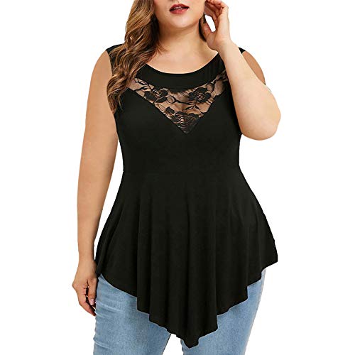 Lazzboy Tshirt Damen Plus Size Solid Frauen Floral Lace O-Ausschnitt Asymmetrische Tops Bluse T-Shirt V-Ausschnitt Knopfleiste Solide Tunika Langam/ärmellos/Kurzarm (Z2-Schwarz,5XL) von Lazzboy