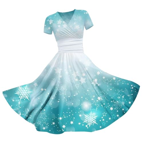 Lazzboy Weihnachtskleid Damen Kleid Weihnachts A Linie Partykleid Casual Knielang Swing Abendkleid Freizeitkleider Weihnachtsdruck Schneeflocke Christmas Festlich Festival (Hellblau,5XL) von Lazzboy