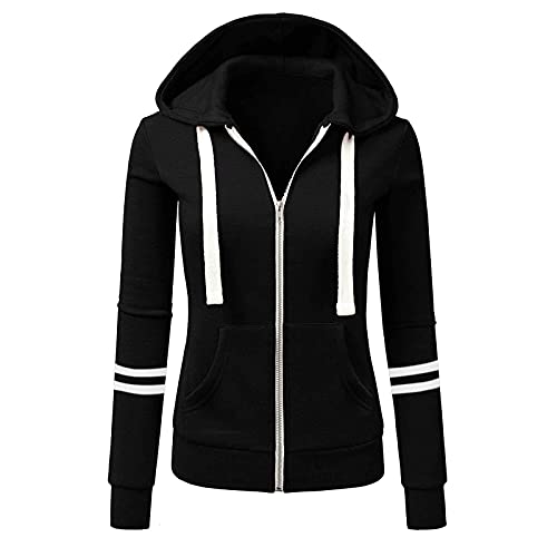 Lazzboy Winterjacke Damen Herbst Und Winter Pullover Sport Solid Color Cardigan Zipper Hooded Jack Jacke Langarm Sweatshirt Hoodie Kapuzenpullover Casual Farbblock Top Hoodies (Schwarz,S) von Lazzboy