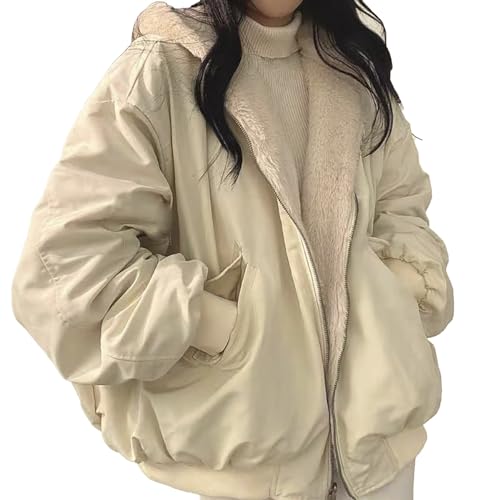 Lazzboy Winterjacke Damen Wendejacke Vliesverdickte Wendbare Mit Lockerer Kapuze Winter Fellkapuze Fleece Gefütterter Doppelseitige Winterparka Wintermantel Jacke Outdoorjacke (Beige,M) von Lazzboy