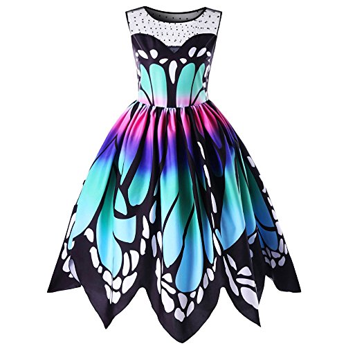 Lazzboy Womens Butterfly Printing Sleeveless Partykleid Vintage Swing Spitzenkleid(S,Mehrfarbig) von Lazzboy