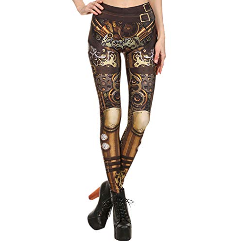 Lazzboy's Frauen Steampunk Retro Leggings Comic Cosplay Print Gothic Stretchy Skinny Pants(Braun B,L) von Lazzboy