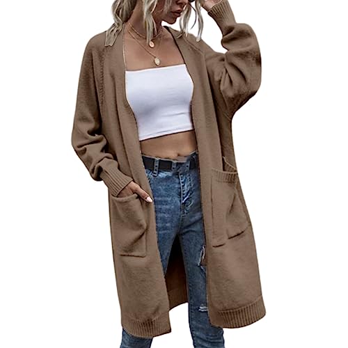 Strickjacke Damen Lang Einfarbig Elegante Gestrickte Outwear Casual Cardigan Mantel Strickpullover Langarm Coat Offene Tops Lange Sweater Strickmantel (Kaffee,L) von Lazzboy