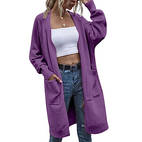 Strickjacke Damen Lang Einfarbig Elegante Gestrickte Outwear Casual Cardigan Mantel Strickpullover Langarm Coat Offene Tops Lange Sweater Strickmantel (Lila,L) von Lazzboy