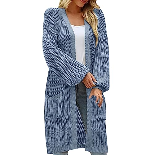 Strickjacke Damen Lang Elegant Open Front Grobstrick Strick Cardigan Langarm Strickjacken Mit Knöpfe Und Taschen Button Down Strickpullover Mantel Strickmantel Tasche (Grau,3XL) von Lazzboy