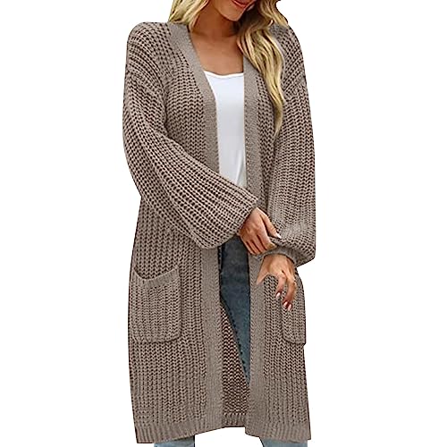 Strickjacke Damen Lang Elegant Open Front Grobstrick Strick Cardigan Langarm Strickjacken Mit Knöpfe Und Taschen Button Down Strickpullover Mantel Strickmantel Tasche (Khaki,4XL) von Lazzboy
