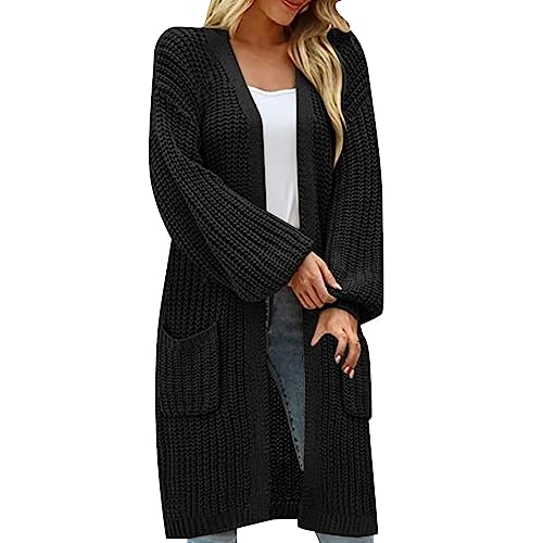 Strickjacke Damen Lang Elegant Open Front Grobstrick Strick Cardigan Langarm Strickjacken Mit Knöpfe Und Taschen Button Down Strickpullover Mantel Strickmantel Tasche (Schwarz,3XL) von Lazzboy