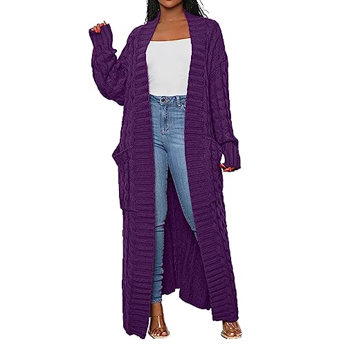 Strickjacke Damen Lang Gestreift Cardigan Feinstrick Jacke Oversize Offen Frühling Herbst Outerwear Einfarbige Strickcardigan Strickmantel Langarm Open Front Sweater Outwear Mit Tasche (Lila,5XL) von Lazzboy