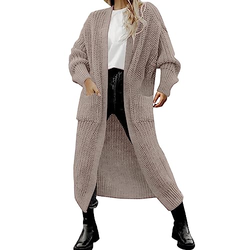 Strickjacke Damen Lang Open Front Lange Lightweight Lose Cardigan Einfarbig Gestrickt Jacke Für Freizeit Oversize Langarm Sweater Cardigans Strickmäntel Oberbekleidung Mit Tasche (Khaki,L) von Lazzboy