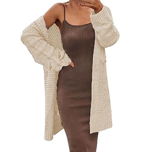 Strickjacken Für Damen Lang Langarm Strickjacke Mit Knöpfen Oversize Grobstrickjacke Taschen Kapuzen Cardigan Mantel Strickcardigan Strickpullover Sweater Outwear Strickmantel (Beige,S) von Lazzboy
