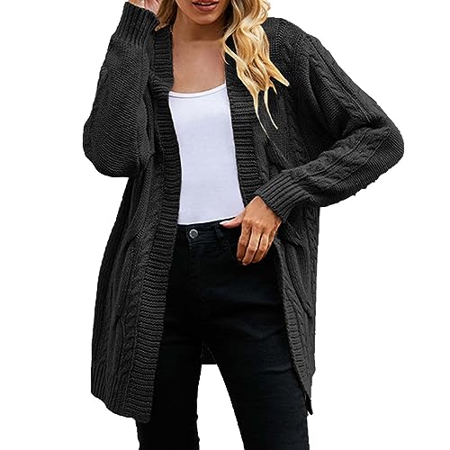 Strickjacken Für Damen Strickjacke V-Ausschnitt Knopfleiste Strick Cardigan Kurz Open Front Sweater Elegant Casual Schulterjacke Top Lang Grobstrick Langarm Mit Knöpfe Und Taschen (Schwarz,M) von Lazzboy