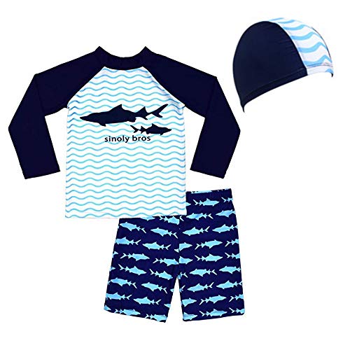 Lazzon Kinder Badebekleidung Langärmliges Badeanzug 2er Set Badeshirt Badeshorts UV-Schutz 50+ Bademode Schwimmanzug für Jungen Mädchen,Hai,104-110 von Lazzon