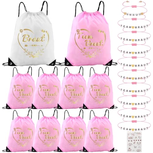 10 Team Bride Turnbeutel mit Kordelzug (42×33cm) und 10 JGA Armbänder Frauen 1 Aufkleber Junggesellenabschied Frauen Braut Tasche JGA Rucksack Team Braut Set für Hochzeit Braut Party - Rosa von LbsAMP