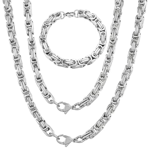 LbsAMP 3 Stück Halskette und Armband Set Herren Edelstahl Königskette Armband Silber 6mm Breite Kette Armbänder Männer Kubanische Gliederkette Punk Hip Hop Rapper Schmuck Geschenke für Jungen Freund von LbsAMP
