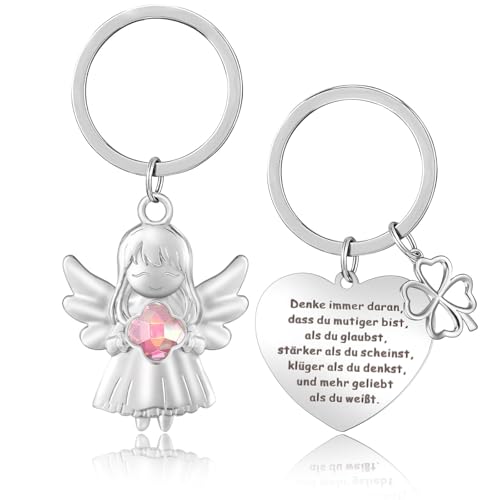 LbsAMP Schutzengel Schlüsselanhänger Glücksbringer Hält Vierblättriges Kleeblatt Metall Motivierende Mutmacher Anhänger Viel Glück Engel Ornamente Geschenke für Familie Freunde Kollegen Eignen - Rosa von LbsAMP