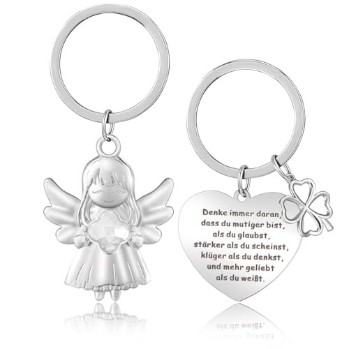 Schutzengel Schlüsselanhänger Glücksbringer Hält Vierblättriges Kleeblatt Motivierende Mutmacher Anhänger Viel Glück Engel Ornamente Geschenke für Familie Freunde Kollegen Eignen - Transparente von LbsAMP