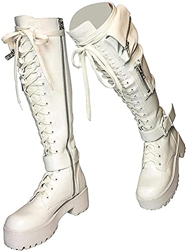 Frauen Schnalle Kampf Plateaustiefel ?Schnüren Blockabsatz Motorrad Kniehohe Stiefel Versteckte Tasche Kniehohe Stiefel für Frauen Militär Kniehohe Stiefel für Frauen (White,38 EU) von Lchongzhuo