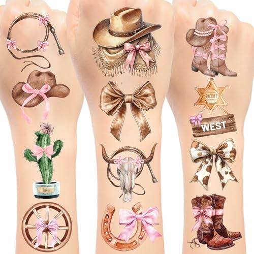 96 Stück Kokette Schleife Cowgirl Temporäre Tattoos Aufkleber, Westernschleife Cowgirl Party Gefälligkeiten Geburtstag Party Dekorationen Stiefel oder Schleifen Rodeo Pink Cowgirl Thema Tattoos für von Lcnjscgo