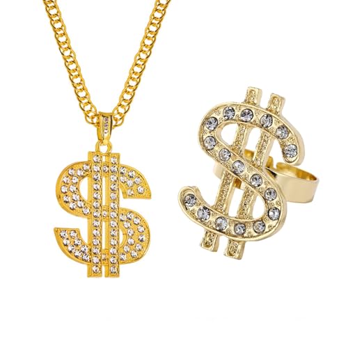 Ldabrye 80er 90er Jahre Outfit Hip Hop Kostüm Kits Old School Rapper Zubehör Dollar Zeichen Halskette Ringe Halloween Party Dekorationen Hip Hop Kostüm Kit von Ldabrye
