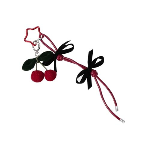 Ldabrye Handgemachte Schlüsselkette Einzigartige Kirschen Bowknot Herz/Schwarze Pompoms Schlüsselbund Geflochten von Ldabrye