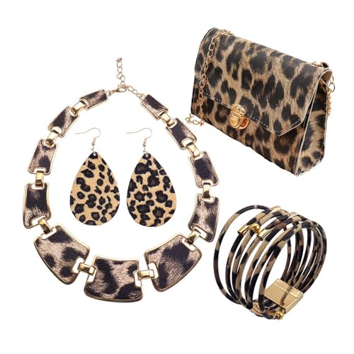 Schmuck-Zubehör-Set mit Leopardenmuster für Damen und Mädchen, modisches Tiermuster, Geldbörse, Ohrringe, Halskette, Leopardenmuster, Leder, Clutch, Geldbörse mit Schmuck von Ldabrye