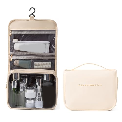 Toilettenbeutel Reise Kosmetischer Speicherorganisator Großkapazität wasserdichte multifunktionale Make -up -Tasche mit Griff für Frauen Männer Business Trip Urlaub PU Leder (Beige) von Ldafava