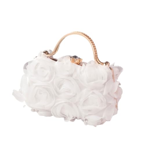 Abend-Handtasche mit 3D-Rosen-Motiv, mit Strass-Griff oben, für Abschlussbälle und Hochzeiten, elegante Clutch mit Kette, Weiß, Böhmisch von Ldbuejiaja