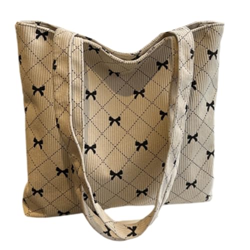 Aesthetic Cord Shopper Bag with Bowknot Print Large Capacity Shoulder Handbag Purse for Casual Travel and Shopping, Beige, Böhmisch von Ldbuejiaja