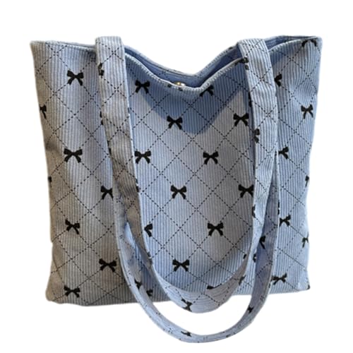 Aesthetic Cord Shopper Bag with Bowknot Print Large Capacity Shoulder Handbag Purse for Casual Travel and Shopping, Blau, Böhmisch von Ldbuejiaja