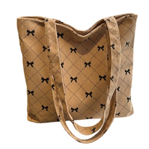 Aesthetic Cord Shopper Bag with Bowknot Print Large Capacity Shoulder Handbag Purse for Casual Travel and Shopping, Braun, Böhmisch von Ldbuejiaja