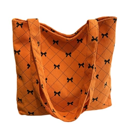 Aesthetic Cord Shopper Bag with Bowknot Print Large Capacity Shoulder Handbag Purse for Casual Travel and Shopping, Orange, Böhmisch von Ldbuejiaja