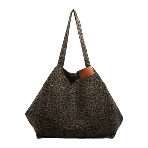 Damen Große Kapazität Leopard Print Canvas Schultertasche für Schule und Reisen, Kaffeefarben, Böhmisch von Ldbuejiaja