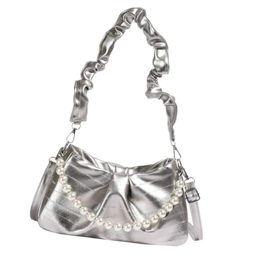 Damen-Handtasche mit Perlengriff, plissiert, PU-Leder, Unterarm-Umhängetasche, Silber, Böhmisch von Ldbuejiaja
