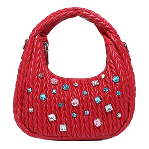 Damentasche mit Strasssteinen, Umhängetasche, PU-Leder, Halbmond-Schultertasche, Rot, Böhmisch von Ldbuejiaja