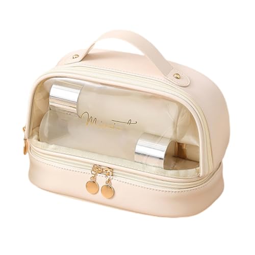 Doppelschichtige Kosmetiktasche, Reise-Make-up-Tasche, tragbar, wasserdicht, Kulturbeutel für Damen, PU-Leder, Kosmetiktasche, Milchaprikosenweiß, Bohemian-Stil von Ldbuejiaja