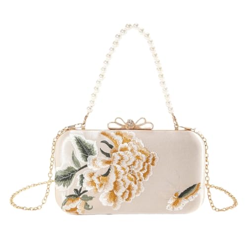 Elegante Abend-Clutch aus Seide mit Pfingstrosen-Stickerei Handtasche für besondere Anlässe, Champagner, Böhmisch von Ldbuejiaja