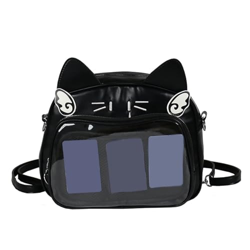 Itabag Rucksack für Damen, Anime-Katzen, Mehrzweck-PU-Schultasche mit mehreren Taschen, transparentes Anstecknadel-Display, Crossbody-Tasche, Reines Schwarz, Bohemian-Stil von Ldbuejiaja