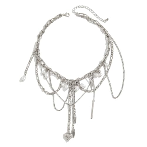Ldbuejiaja Retro Multi Layer Halskette Für Frauen Mädchen Herz Und Nietcharme Heckchain Einstellbare Länge Schlüsselbeinkette Für Partys Multi Layer Halskette von Ldbuejiaja
