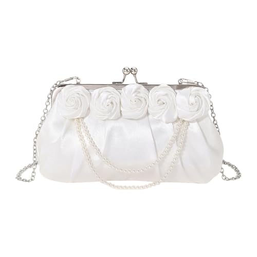 Luxuriöse Abend-Clutch aus Seide, 3D-Rose mit abnehmbarer Kette, für formelle Veranstaltungen, elegante Perlenkette, Satin-Handtasche, Weiß, Böhmisch von Ldbuejiaja