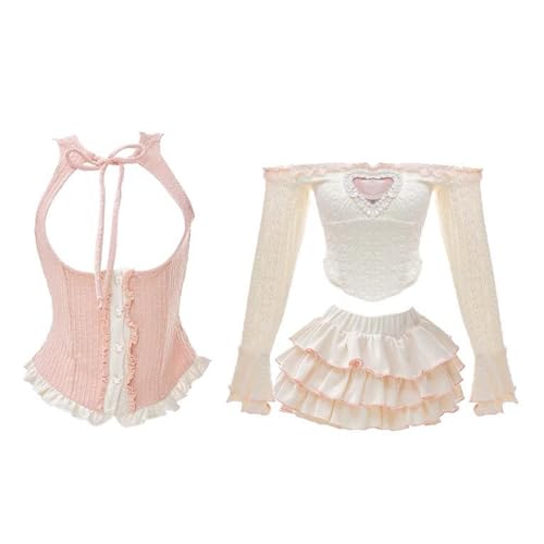 Mode Heiße Mädchen Sommerkleider Kawaii Cute eine Schulter Slip Dress Damen Sweet Dreiteiliges Set mit rosa Rock von Ldruieu