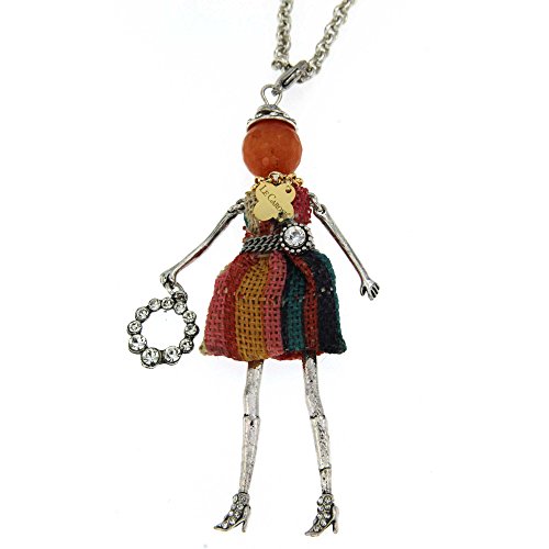 Le Carose Damen Halskette Classic Collection Das Schmuckstück ist aus Messing mit weißer Galvanik-Puppe und handgenähtem Stoffkleid. Maße: Halskette 80 cm, Anhänger 10 cm, Haken 1, medium, Messing, von Le Carose