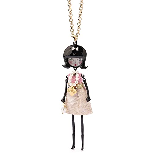 Le Carose Damen-Halskette aus der Kollektion Joie – Flappers Halskette aus Bronze mit galvanischem Goldbad. Puppe mit rosa Oberteil und beigefarbenem Rock, Größe: Länge 80 cm, Größe Bambus, MEDIUM, von Le Carose