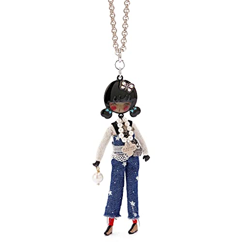 Le Carose Damen-Halskette aus der Kollektion Joie – Flappers – Halskette aus Bronze mit galvanischem Silberbad. Puppe mit Jeans-Hose. Größe: Länge 80 cm, Größe Bambus, medium, Bronze, Kein Edelstein von Le Carose