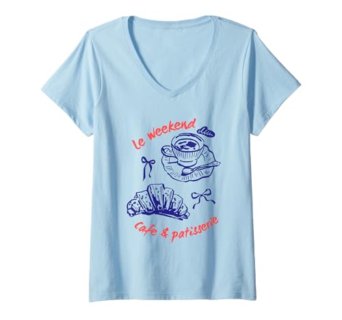 Damen Le Weekend le Croissant Coffee Café et Patisserie T-Shirt mit V-Ausschnitt Damen Le Weekend le Croissant Coffee Café et Patisserie T-Shirt mit V-Ausschnitt von Le Croissant Le weekend