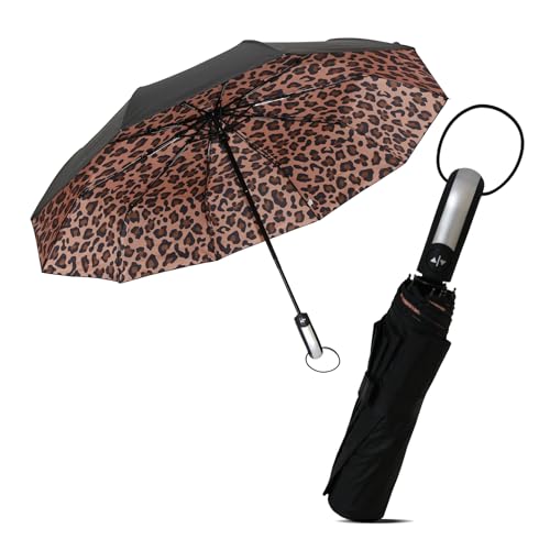 Le Monde du Parapluie - Faltbarer Regenschirm - 3-lagiges Design mit doppellagiger Markise - Automatisches Öffnungssystem - Schwarze Außenseite mit Leopardenmuster innen von Le Monde du Parapluie